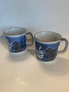 Vintage Stoneware Mugs/Cups Ranmaru Japan Potters Selection Blue Bamboo Set of 2